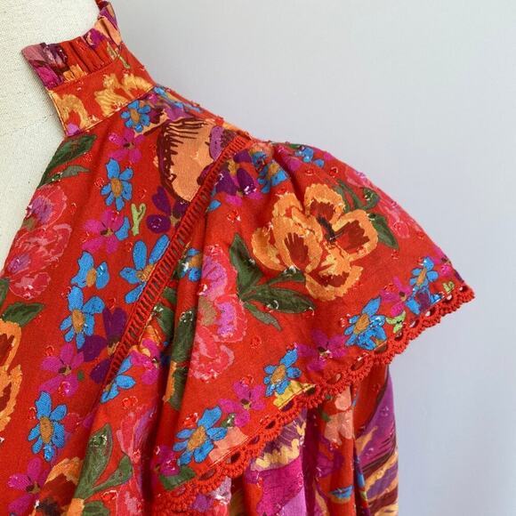 Farm Rio Bananas Ruffle Clip Dot Textured Cotton Blouse RED Puff Sleeve XS - Picture 11 of 16